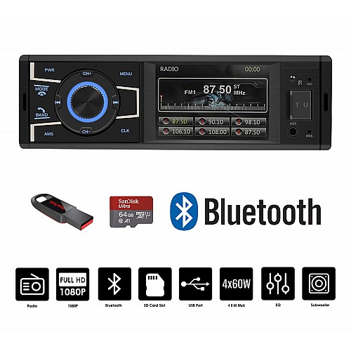 Radio-USB 1-DIN 4'' ιντσών με Bluetooth MP3 Video (έγχρωμη οθόνη 1DIN multimedia ηχοσύστημα ράδιο αυτοκινήτου ανοιχτή ακρόαση 4x60W MP3 MP5 microSD universal) S1
