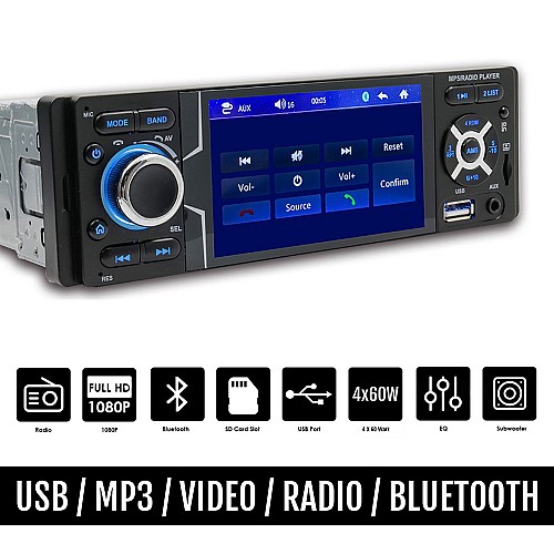 Radio-USB 1-DIN με έγχρωμη οθόνη αφής 4'' ιντσών Bluetooth MP3 Video (1DIN multimedia ανοιχτή ακρόαση 4x60W radio microSD ηχοσύστημα αυτοκινήτου MP5 universal) 3001K