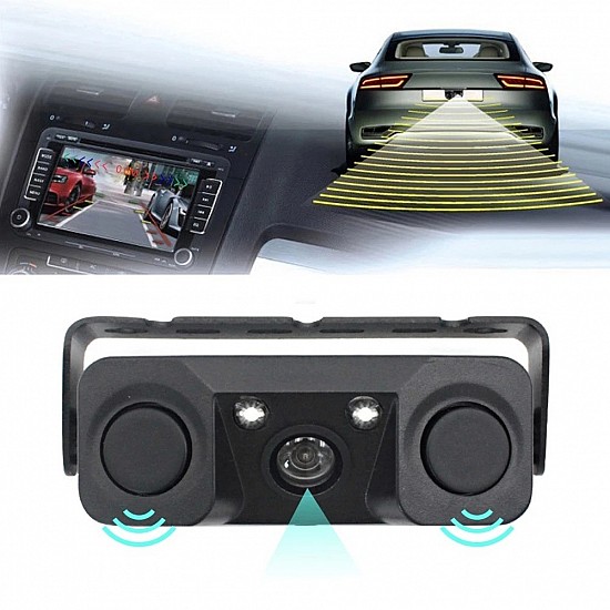 Κάμερα οπισθοπορείας αυτοκινήτου με ενσωματωμένους Parktronic αισθητήρες παρκαρίσματος με ήχο (LED διπλή λειτουργεία ηχητικη προειδοποίηση παρκάρισμα oem universal οθόνη 1 DIN 2 DIN 7" 9" αμάξι όπισθεν)