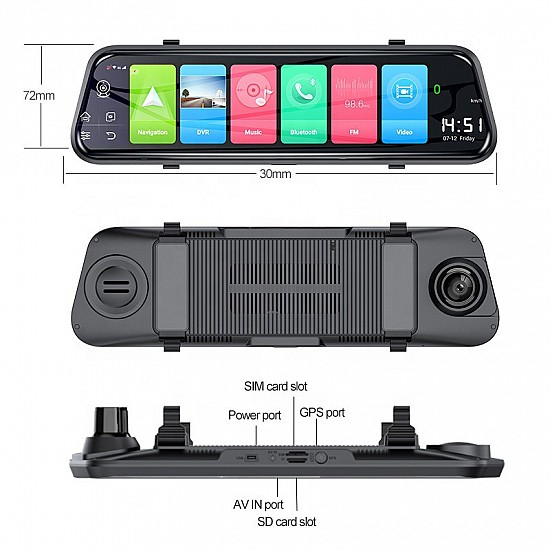 Android καθρέφτης αυτοκινήτου με GPS με οθόνη αφής 10" ιντσών (Bluetooth, MirrorLink, IPS HD, G-Sensor, κάμερα οπισθοπορείας, DVR καταγραφικό, αντικλεπτικό) 1164