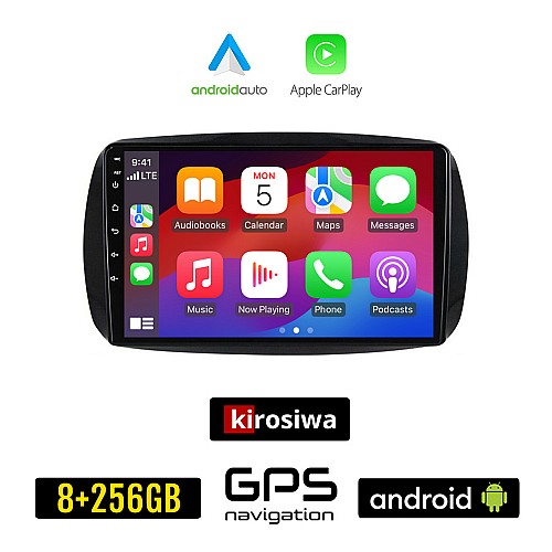 KIROSIWA SMART 453 (μετά το 2016) Android οθόνη αυτοκίνητου 8GB + 256GB με GPS WI-FI (ηχοσύστημα αφής 9" ιντσών FORTWO OEM Android Auto Apple Carplay Youtube Playstore MP3 USB Radio Bluetooth Mirrorlink εργοστασιακή, AUX, 4x60W)
